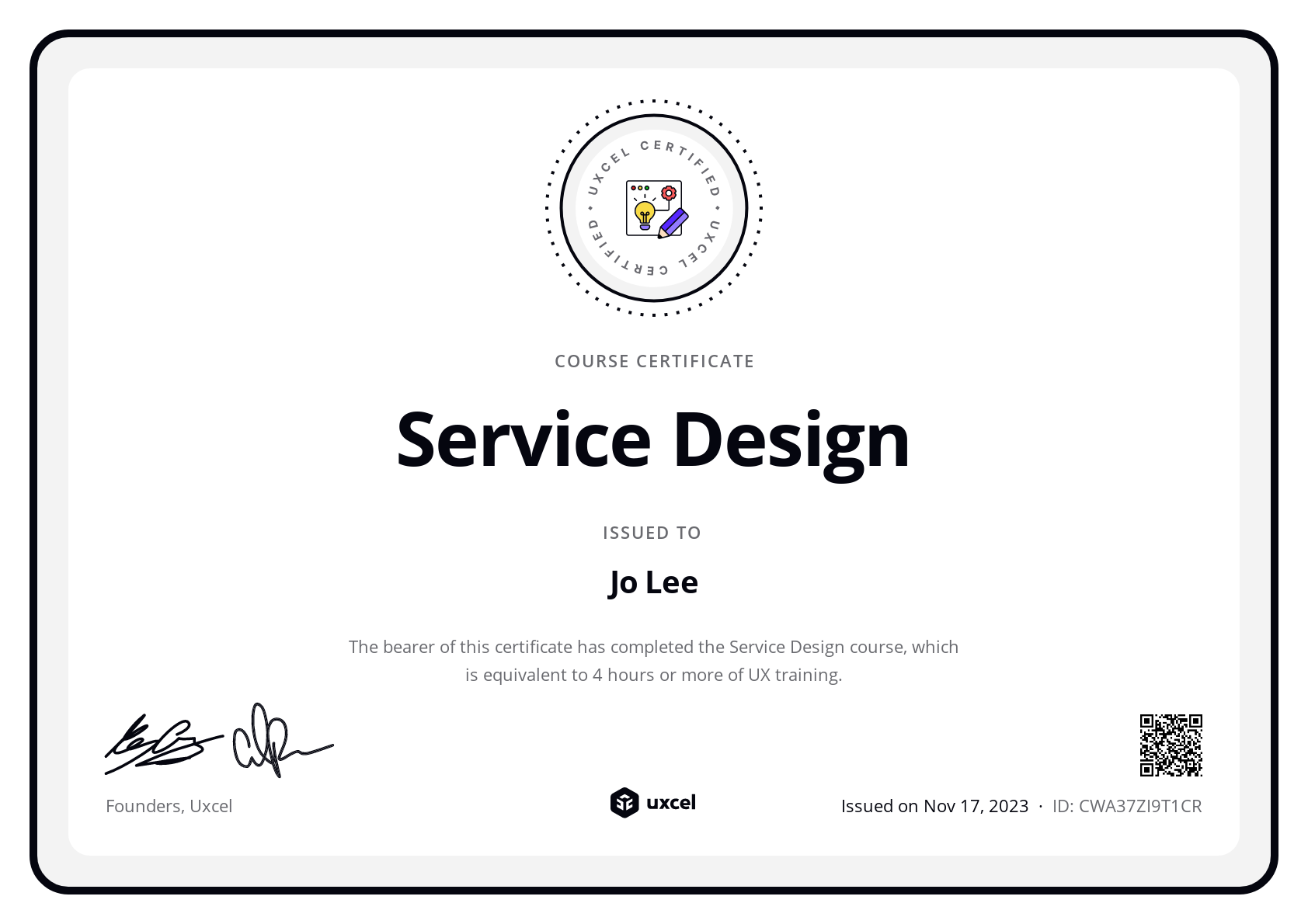 Jo Lee's certificate